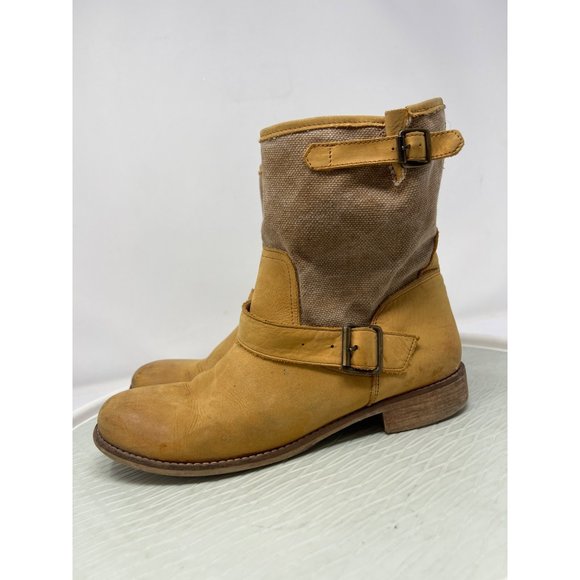 Anthro Lockeed Round Toe Buckle Boots Womens 39 Tan Leather Block Heel Boho Moto - Picture 4 of 9